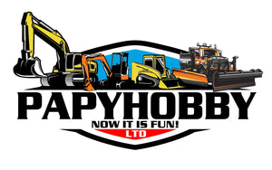 A colorful logo featuring an excavator, bulldozer and boat with ’PAPYHOBBY’ text and ’NOW IT IS FUN!’ tagline.