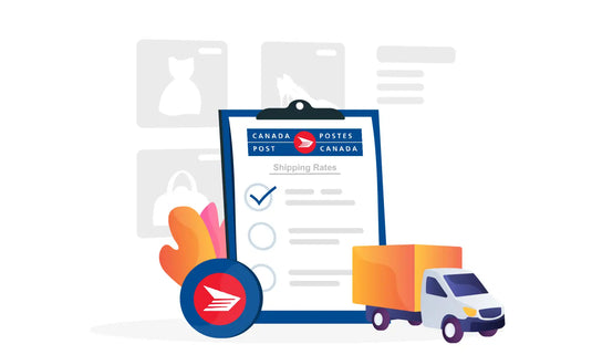 Postal service illustration featuring a clipboard checklist, delivery van, and postal logo with orange and blue colors.