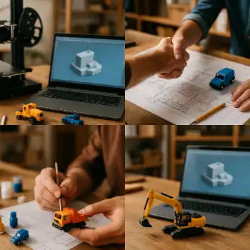 3d printed yellow excavator model with blue details.