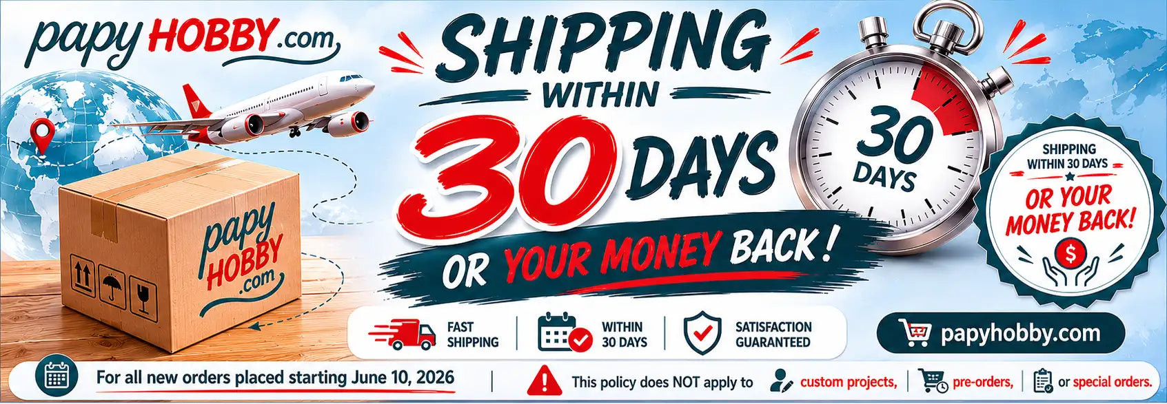 Brown cardboard shipping box with ’papy hobby.com’ printed in red and black.