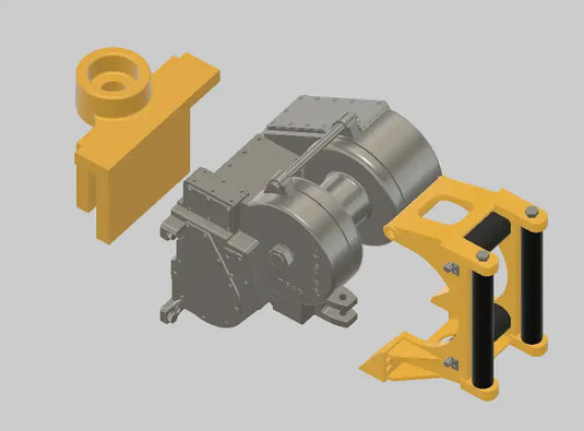 Gray industrial motor with yellow mounting brackets and black cylindrical components.