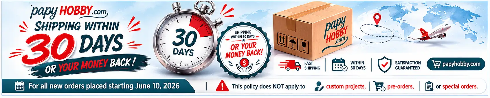 Papyhobby.com shipping guarantee banner featuring a stopwatch, cardboard box with logo, and airplane icon.