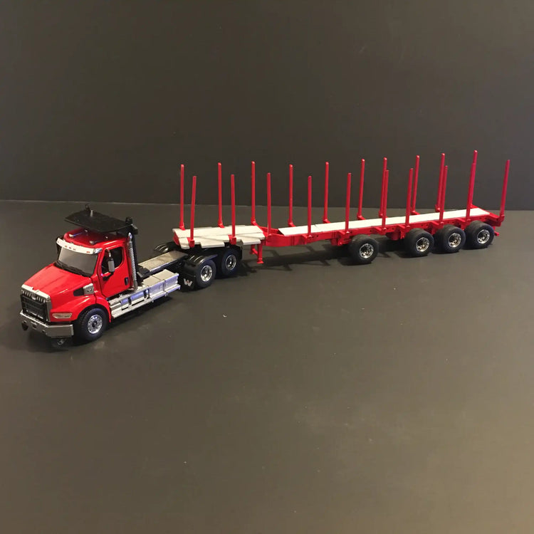 Red logging truck with vertical stakes and multiple trailers.