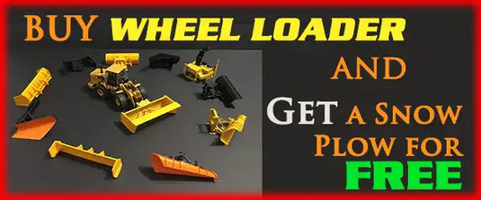 A toy wheel loader with various interchangeable attachments.